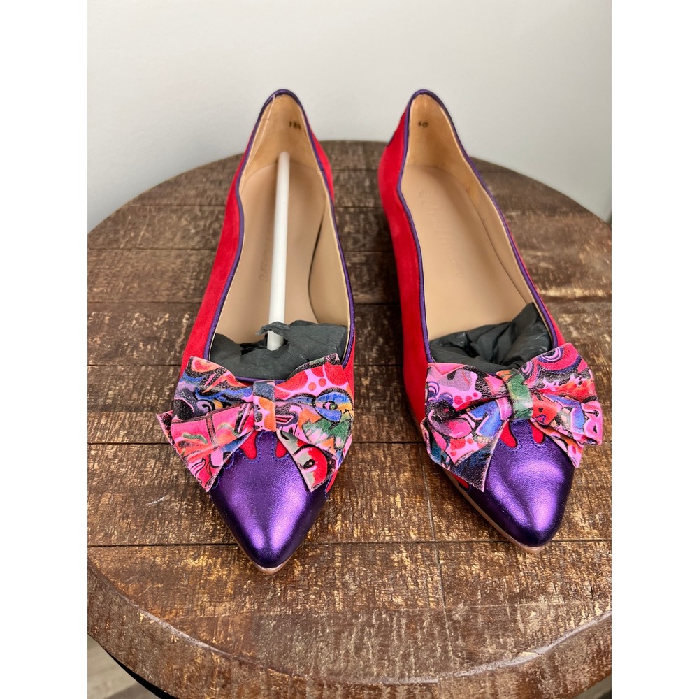 Sandra Pink Women's Ballet Flats Red Suede Purple Toe‎ Bow Size 40